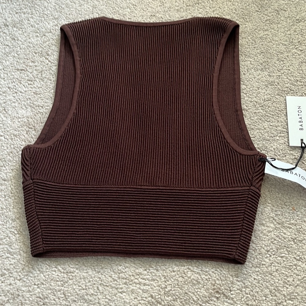 NWT Babaton Chocolate Brown Ribbed V-Neck Cropped Knit Tank Luxury Boho Chic - Picture 2 of 12